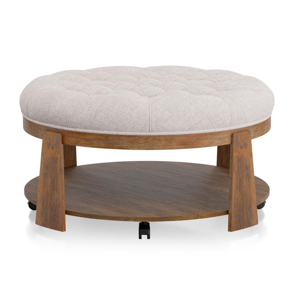 Wire Brushed Finish Natural Tone Beige 1Pc Ottoman Transitional Style Deep Button Linen Like Tufted Seat Open Bottom Shelf Living Room Beige Natural Linen Primary Living Space Beige Contemporary,Rustic,Transitional Rubberwood Round Tufted Solid Wood