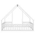 Full Wood House Shaped Floor Bed With Fence, Guardrails,White Full White American Design Pine