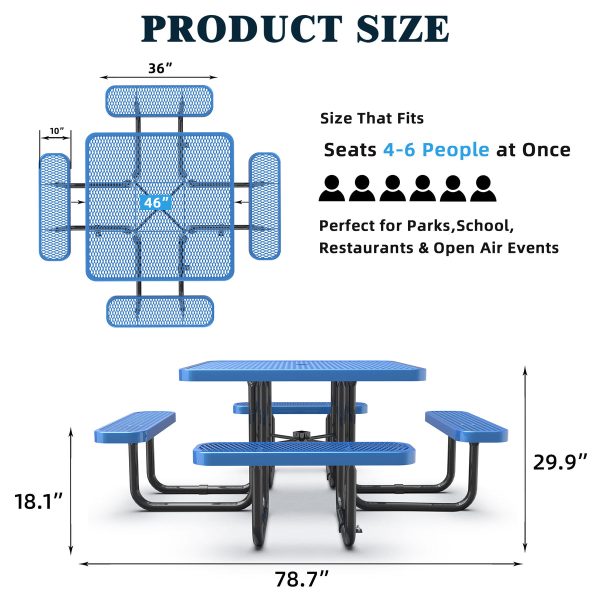 Square Outdoor Steel Picnic Table 46" With Umbrella Pole,Blue Blue Steel Steel