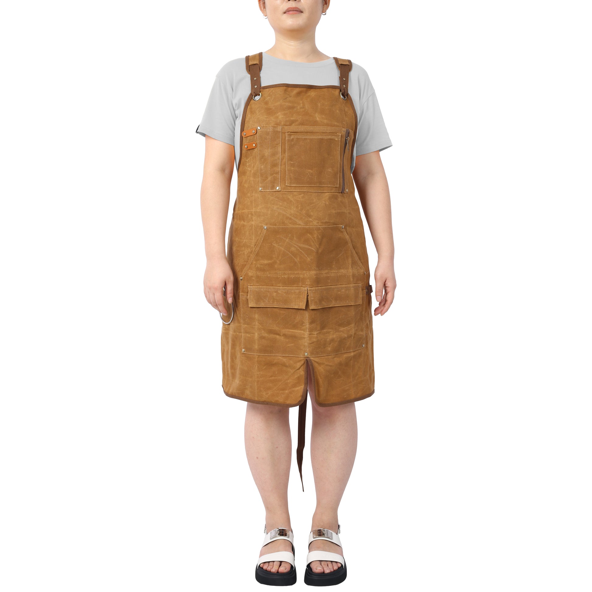 Long Heavy Duty Waxed Canvas Tool Apron, Carpenter Aprons, Woodworking Aprons, Carpenters Water Resistant 18 Oz ,Fully Adjustable To Comfortably Fit Men And Women Brown Canvas