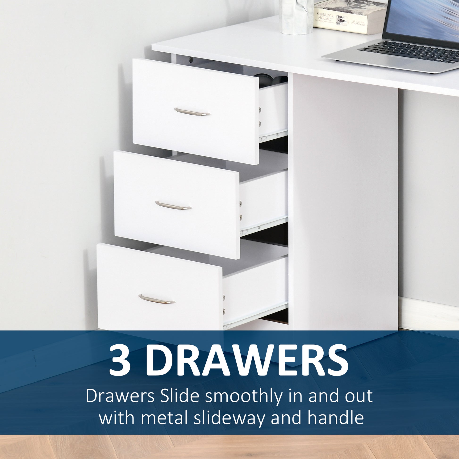 Homcom 47" Modern Home Office Computer Desk Bookcase Combo Writing Table Workstation With 3 Drawer And Storage Shelf White White Mdf