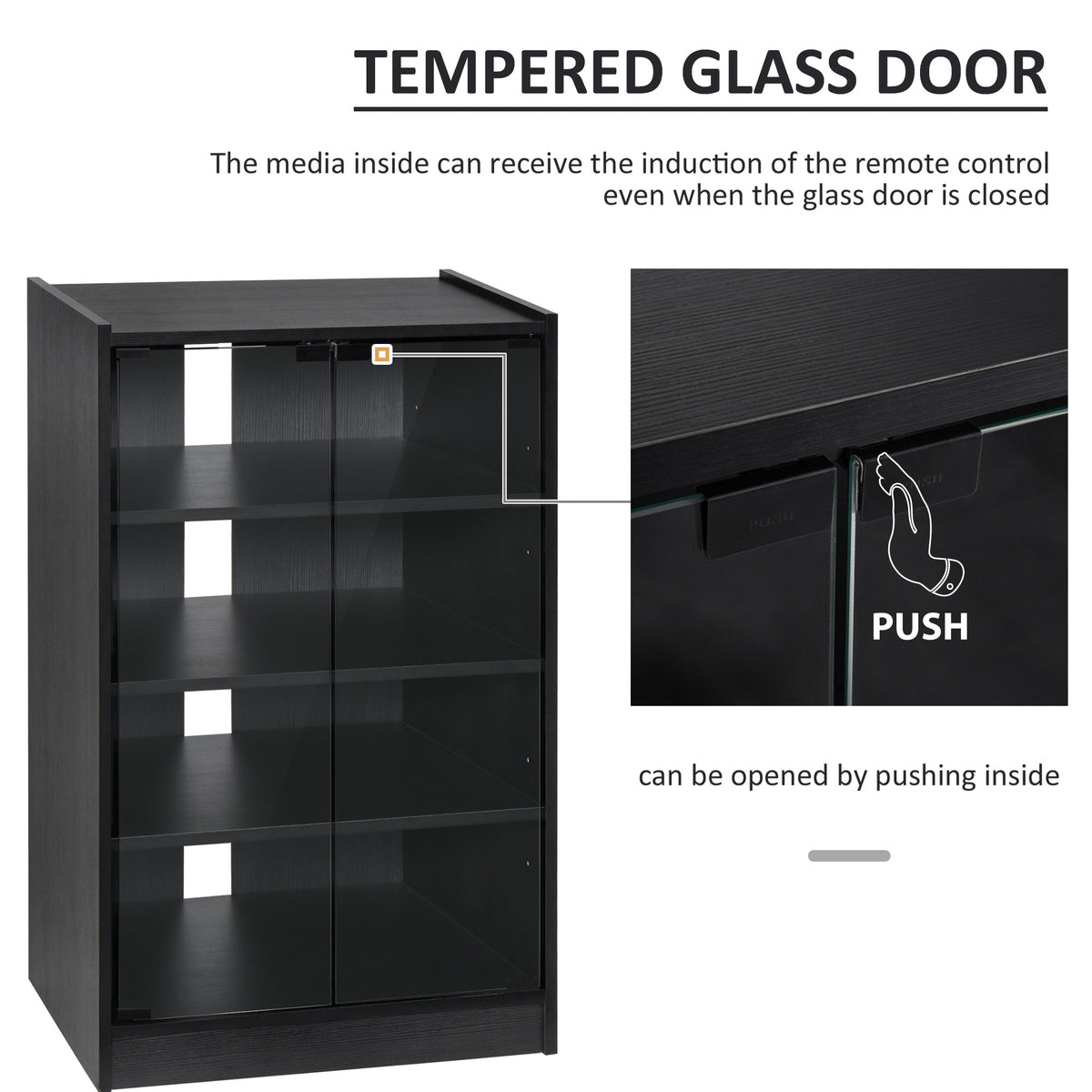 Homcom 5 Tier Media Stand Cabinet With 3 Level Adjustable Shelves, Tempered Glass Doors, And Cable Management, Distressed Black Distressed Black Particle Board