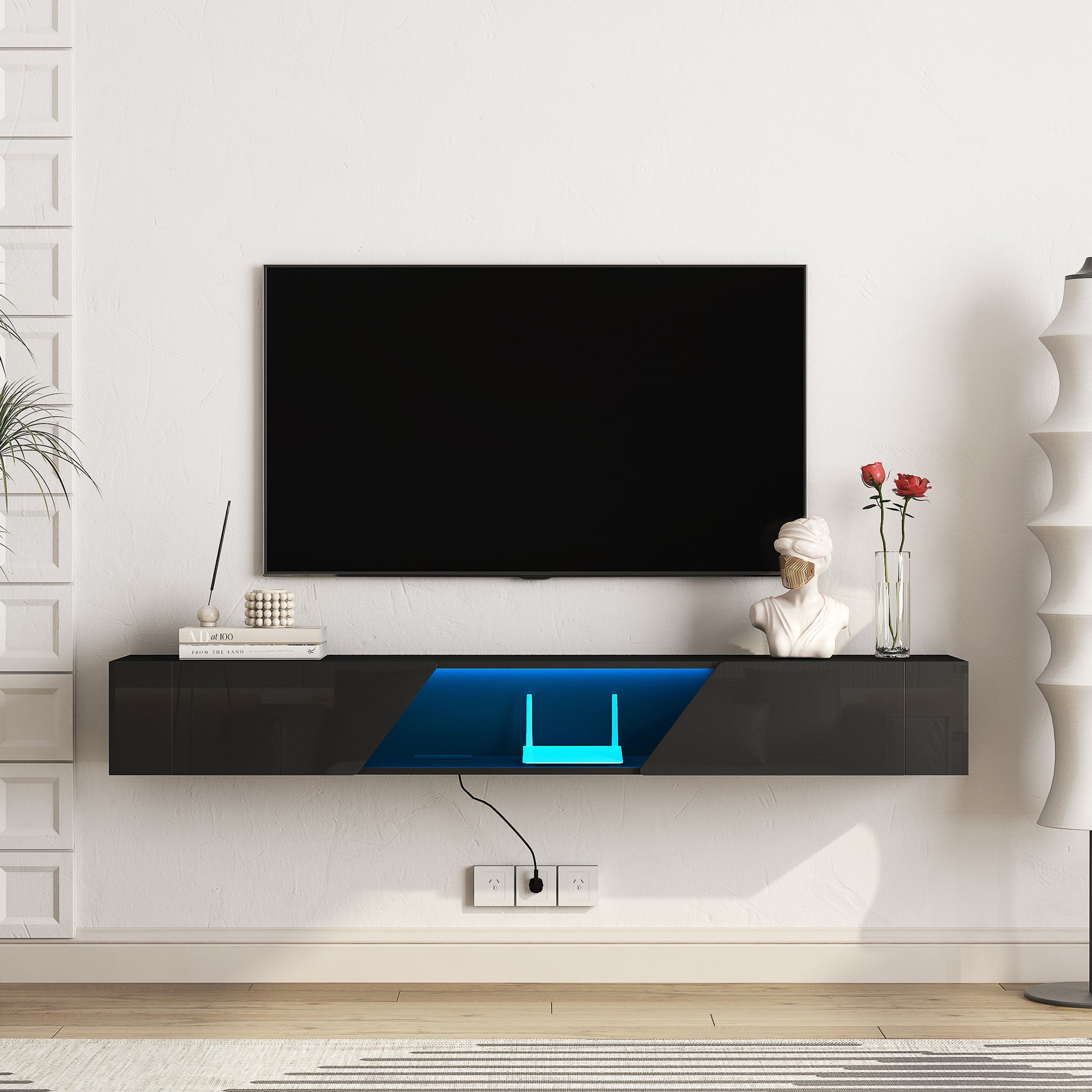 Floating Tv Stand Wall Mounted With 16 Color Leds,69" Modern Tv Stand, Floating Tv Cabinet Entertainment Center For 55 60 65 Inch Tv,Black Black 60 69 Inches Mdf