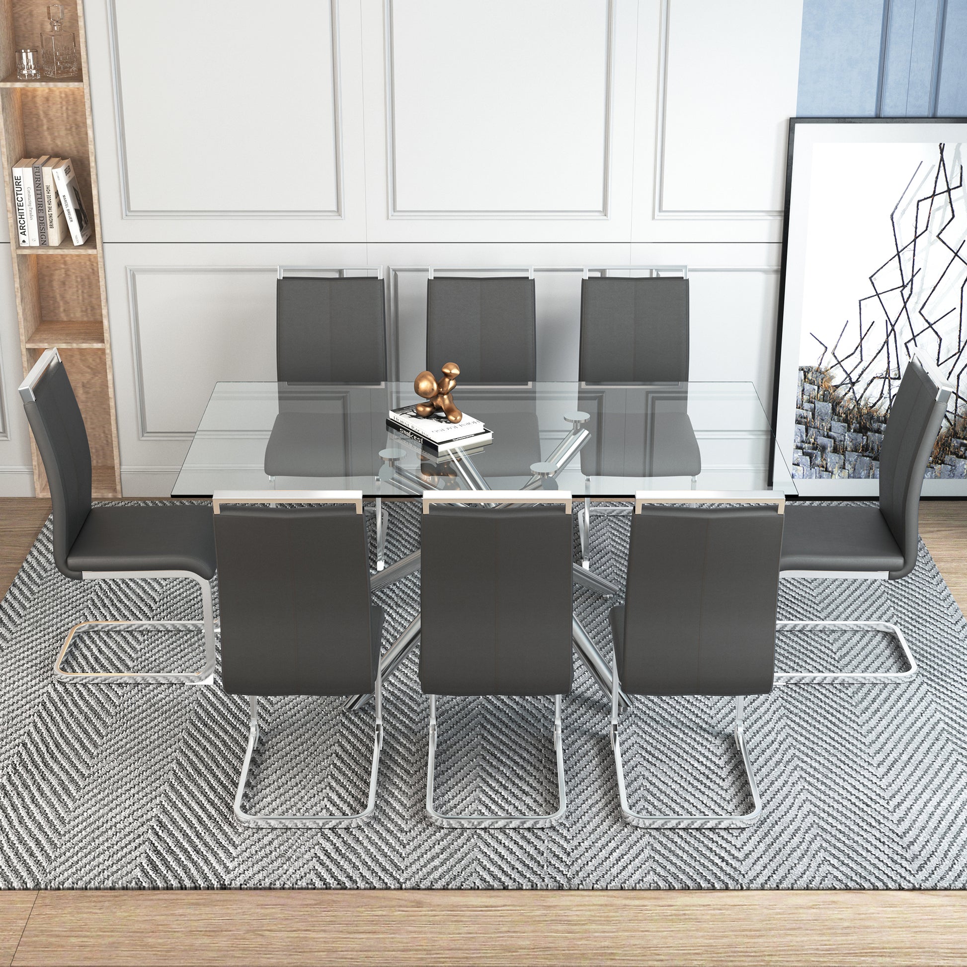 Large Modern Minimalist Rectangular Glass Dining Table For 6 8 With 0.39" Tempered Glass Tabletop And Silver Chrome Metal Legs, For Kitchen Dining Living Meeting Room Banquet Hall, 71''X39''X29''1537 Silver Glass