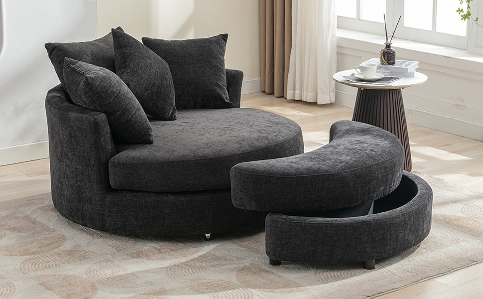 Orisfur. 360 Swivel Accent Barrel Chair With Storage Ottoman & 4 Pillows, Modern Chenille Leisure Chair Round Accent For Living Room, Gray Gray Foam Chenille