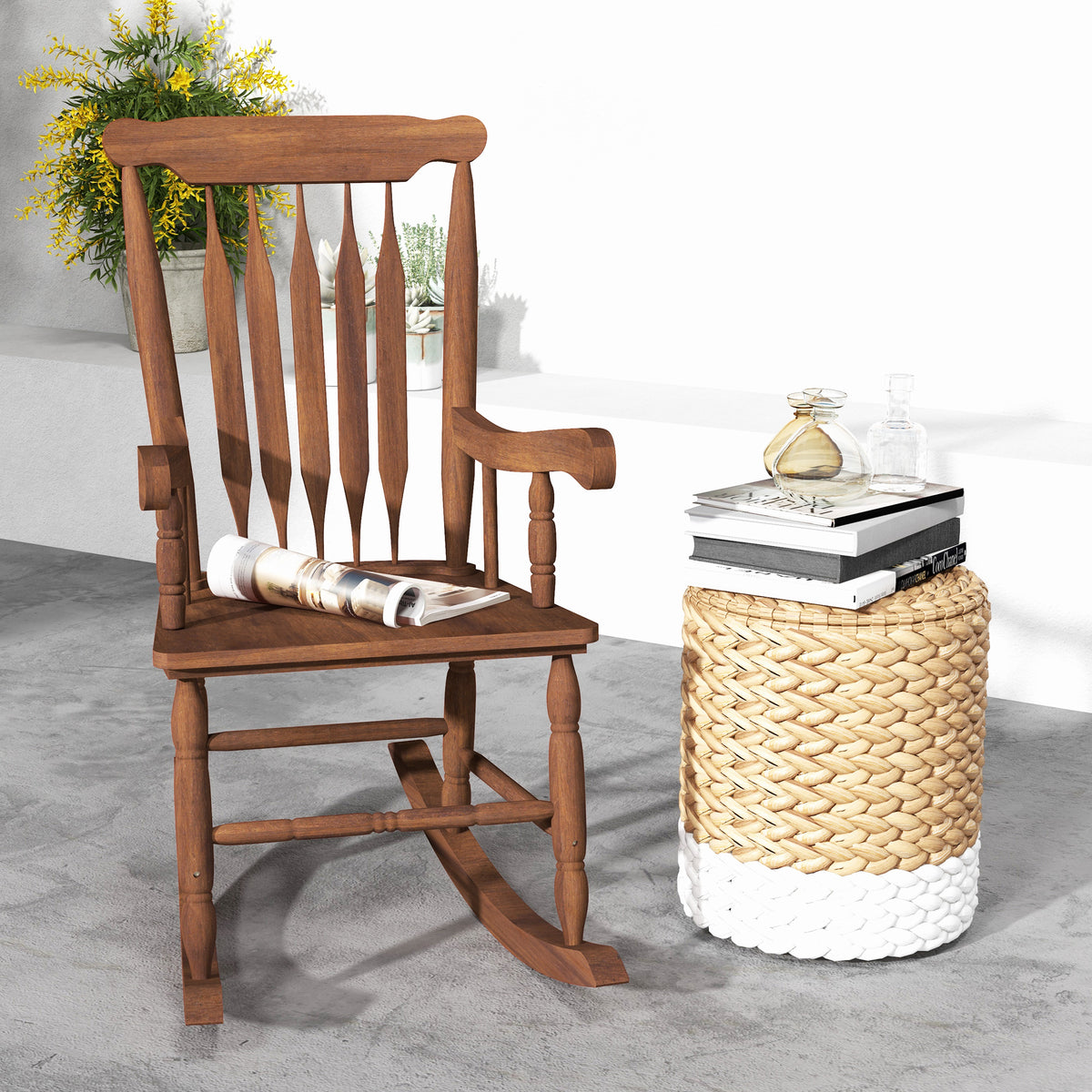 Outsunny Outdoor Wood Rocking Chair, 350 Lbs. Porch Rocker With High Back For Garden, Patio, Balcony, Teak Natural Wood