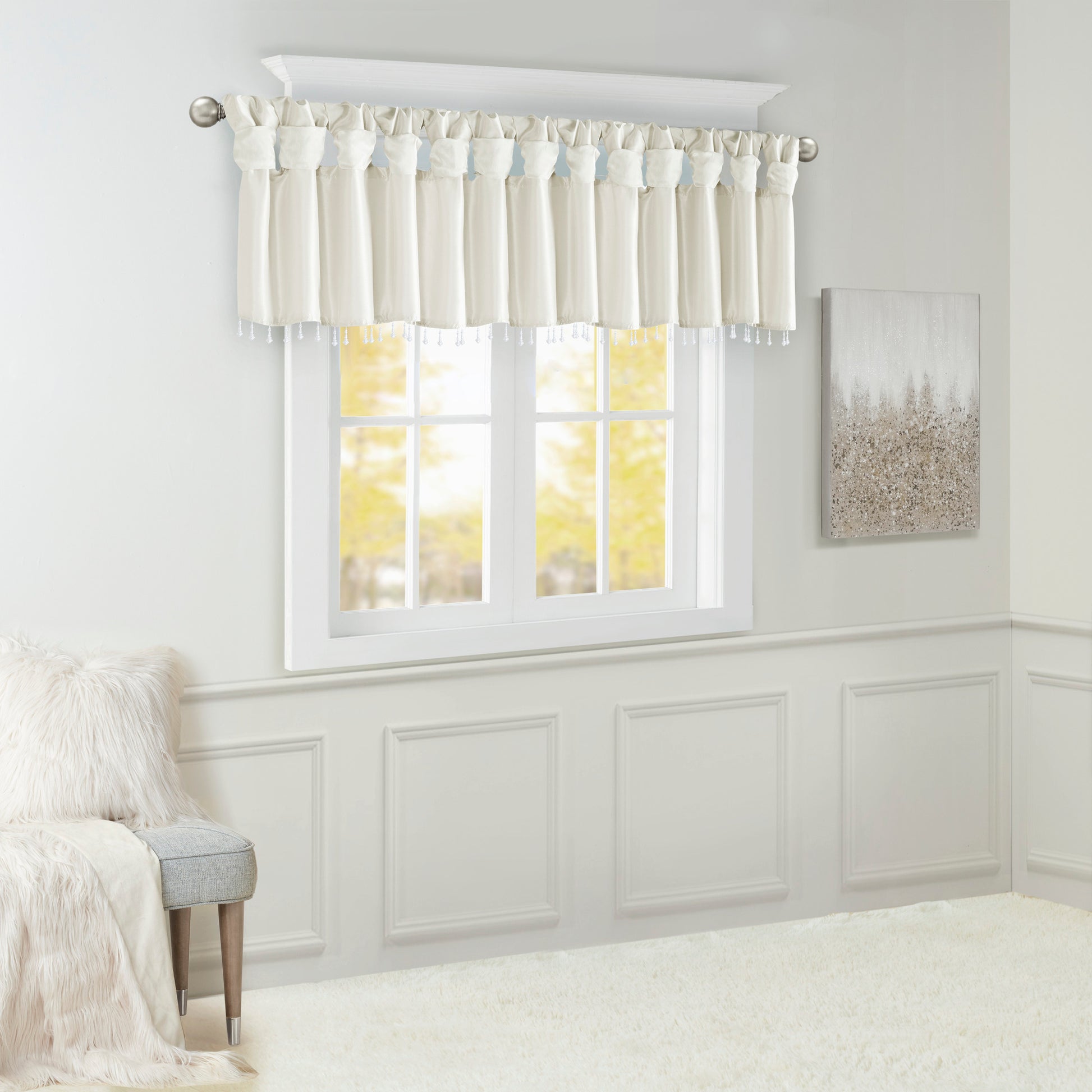 Lightweight Faux Silk Valance With Beads White 50X26" White Microfiber