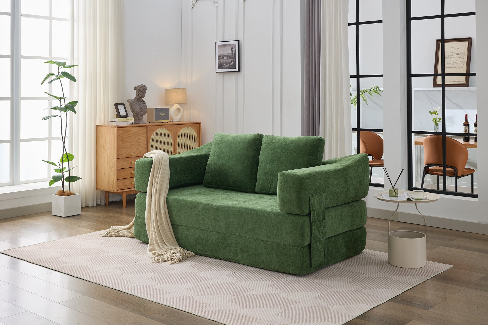 Modern Minimalist Sofa, Fold Out Sofa Bed, Convertible Chair Floor Couch & Sleeping Mattress For Living Room, Bedroom, Apartment, Removable Backrest, Green Green Chenille Soft Vintage Chenille 2 Seat