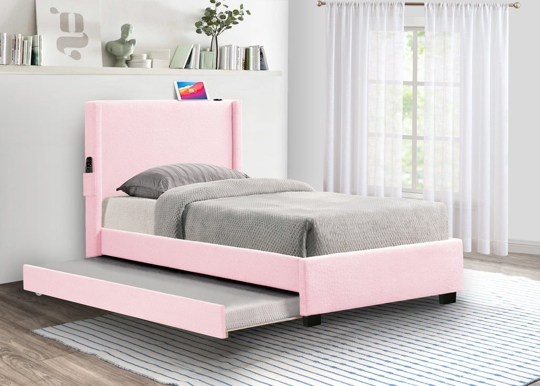 Pink Twin Size Upholstered Bed Frame With Trundle Bed, Teddy Fabric, Usb Functionality, And A Pocket Design On The Side Of The Headboard For Storing Small Items. Pink Is A Girl'S First Choice Box Spring Not Required Twin Baby Pink Wood Espresso Bedroom