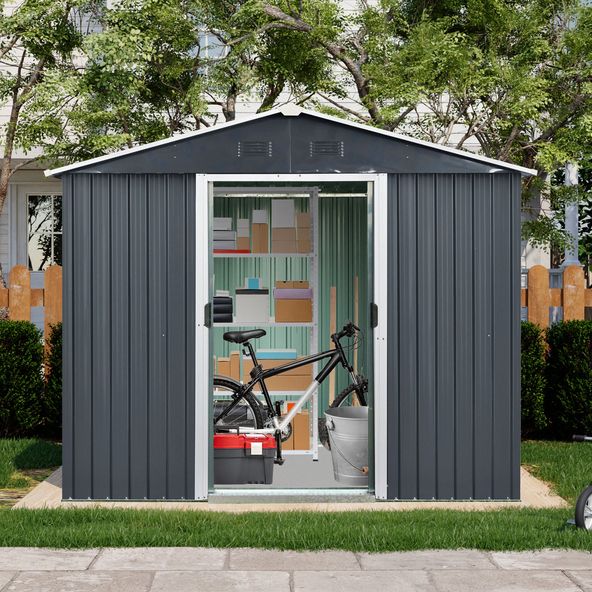 8Ft X 4Ft Outdoor Metal Storage Shed With Sliding Door And Foundation For Backyard, Patio, Lawn Black And White Black White Metal