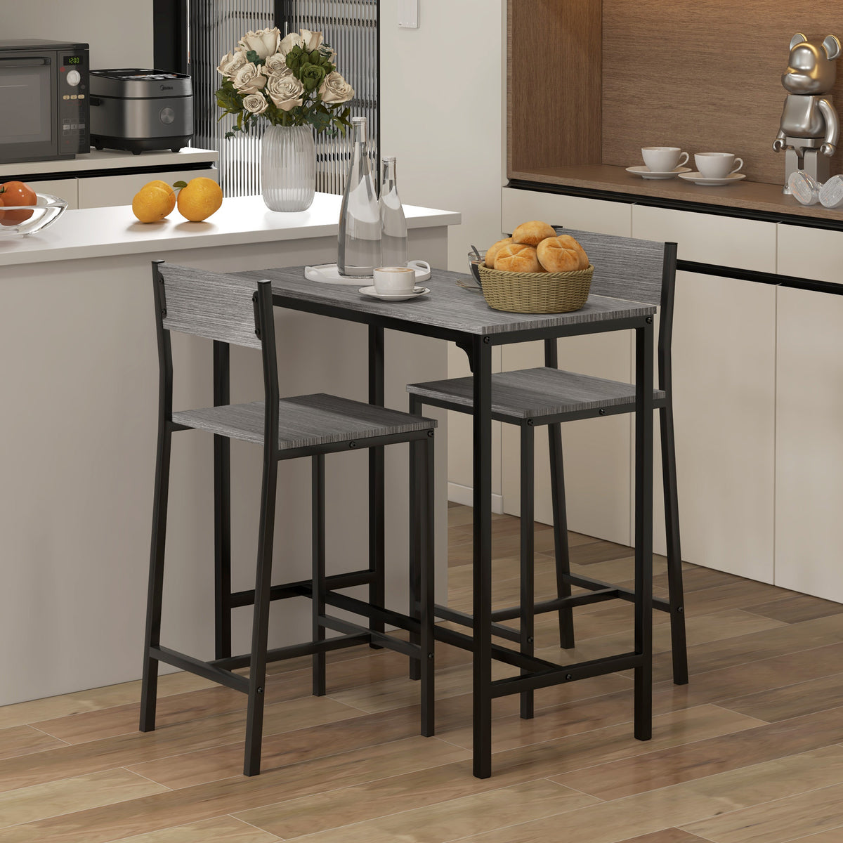 Homcom 3 Piece Bar Table And Chairs, Industrial Dining Table Set For 2, Counter Height Kitchen Table With Bar Stools, Breakfast Table Set For 2 For Small Space, Gray Grey Mdf