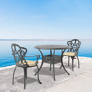 Cushions In Random Colors 3 Piece Set Of Cast Aluminum Patio Furniture With Cushions Yes Dining Set Black Seats 2 Rust Resistant Frame Water Resistant Cushion Garden & Outdoor Complete Patio Sets Aluminium