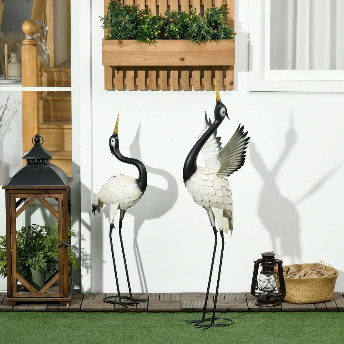 Outsunny Heron Garden Statues, 35.5" & 40.5" Standing Bird Sculptures, Metal Yard Art Decor For Lawn, Patio, Backyard, Landscape Decoration Set Of 2, White & Black Multicolor Steel