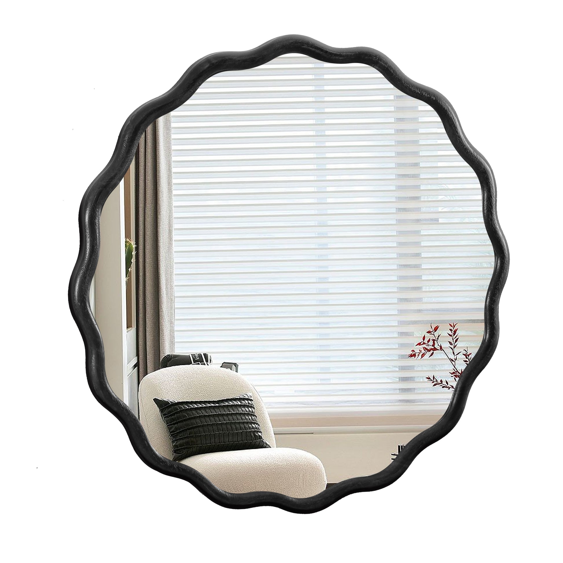 Solid Wood Wavy Mirror Black Vanity Mirror Wall Decor 36" X 36" Modern Mirror Wall Decor For Bathroom, Bedroom, Living Room, Dining Room, Cloakroom, Entryway Black Glass Solid Wood