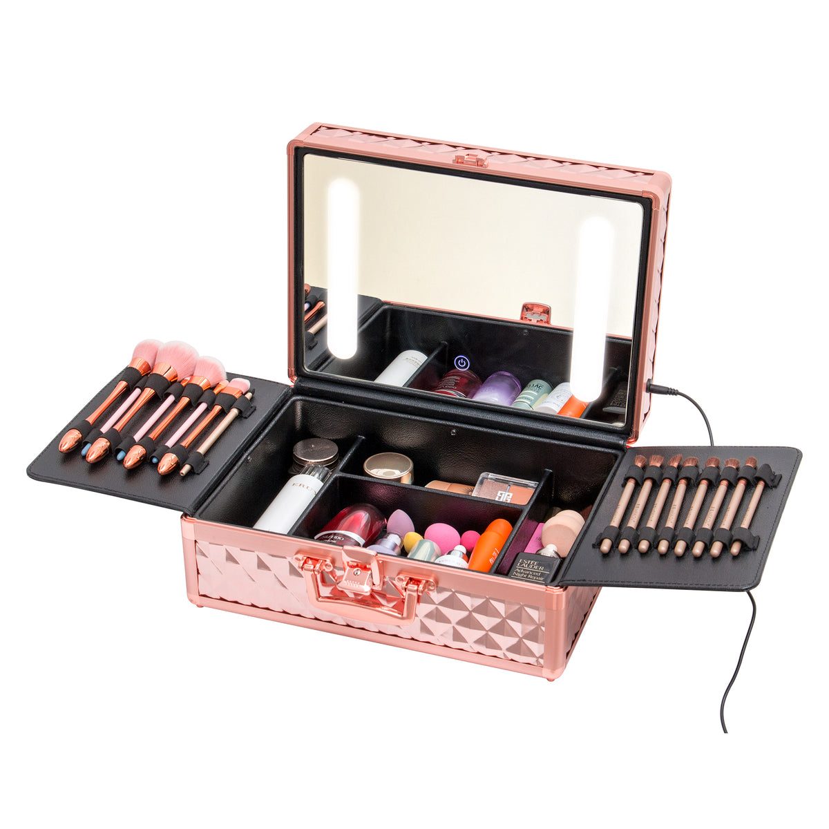Portable Makeup Case With Led Mirror Travel Makeup Bag Cosmetic Organizer Box With Locks, Brush Holder, Dividers, Rechargeable, Rose Gold Rose Gold Aluminium Alloy