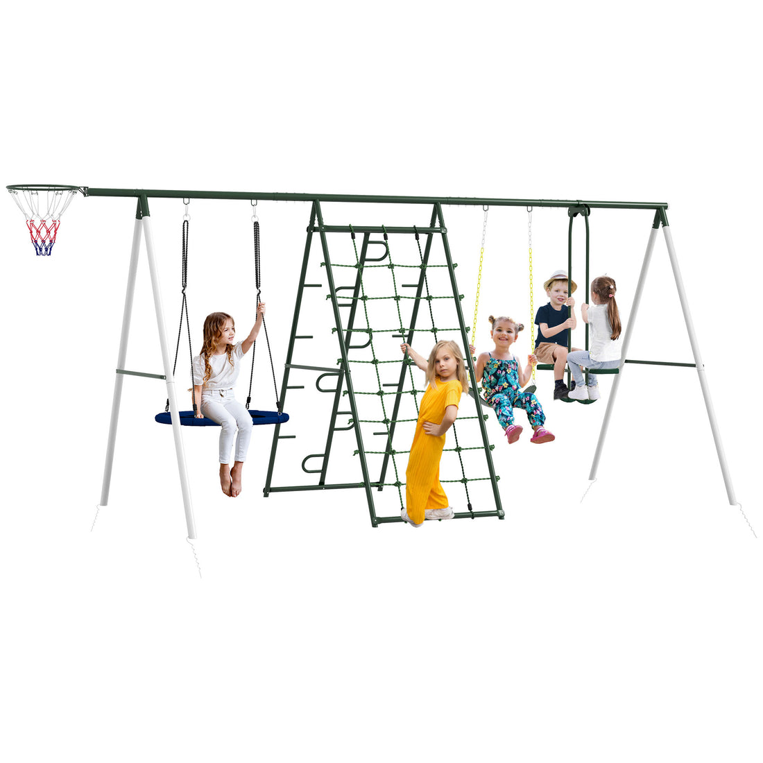 Outsunny 528 Lbs Swing Set For Backyard, 5 In 1 Heavy Duty A Frame Stand Outdoor Playset For Kids, With Saucer Swing, Slide, Swing Seats, Glider, Basketball Hoop, Climbing Steps And Net Green Steel