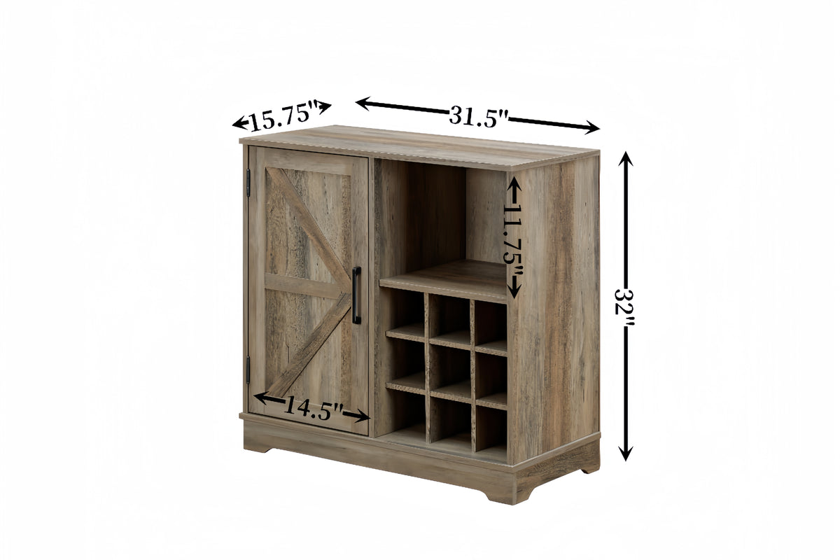 Wine Bar Cabinet For Liquor And Glasses, Farmhouse Coffee Bar, Cabinet With Wine Rack Barn Door Buffet Sideboard Cabinet With Drawer, Adjustable Storage Shelves, 31.5"*15.75"*31.5"Gray Wash Gray