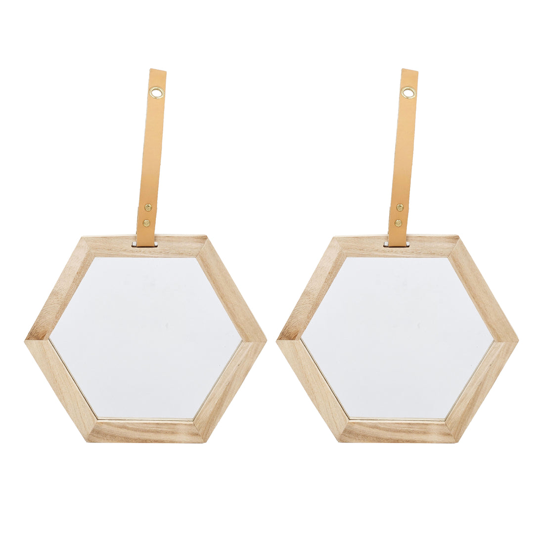 Harlan Hexagon Mirror, 2 Pieces Wall Accent, 11X10" Beige Brown Wood Glass