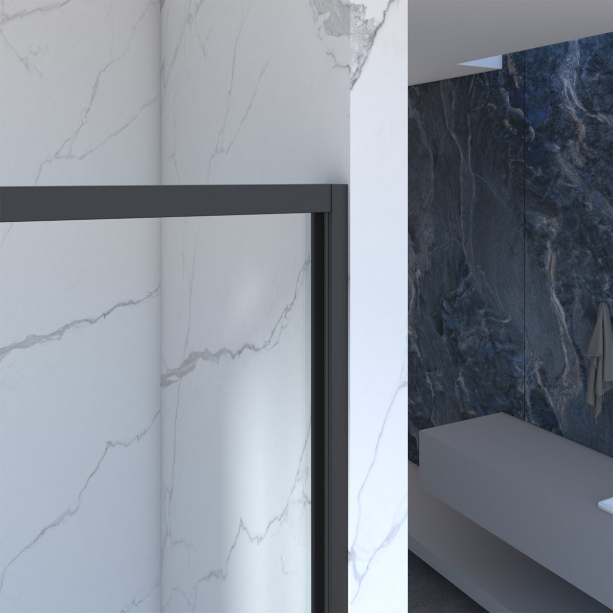 56 60 In. W X 70 In. H Semi Frameless Sliding ,Bathroom Sliding Door With Premium 5 16" 8Mm Clear Tempered Glass, Black Hardware Double Sliding Glass Shower Enclosure,Matte Black Finished Matt Black Bathroom American Design Aluminium Alloy