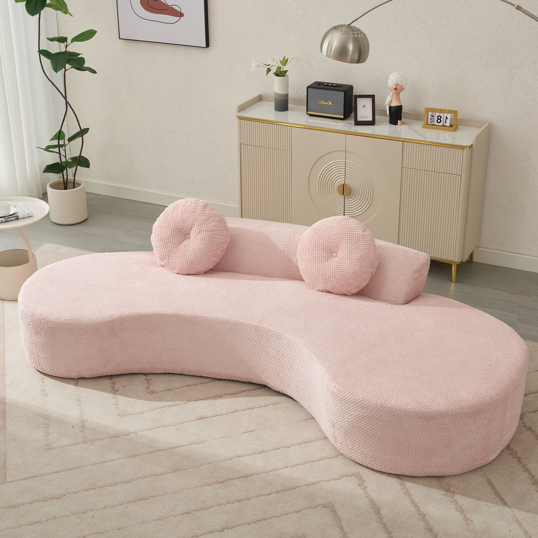 Arrived 105.5''Curved Sofa, Modern Minimalist Sofa, Cloud Couch Sofa 3 4 Seater Couch With 2 Pillows,Bedroom, No Assembly Required, Point Shaped Corduroy, Anti Wrinkle ,Pink Pink Polyester Primary Living Space Tight Back Soft Modern Foam Upholstered 3