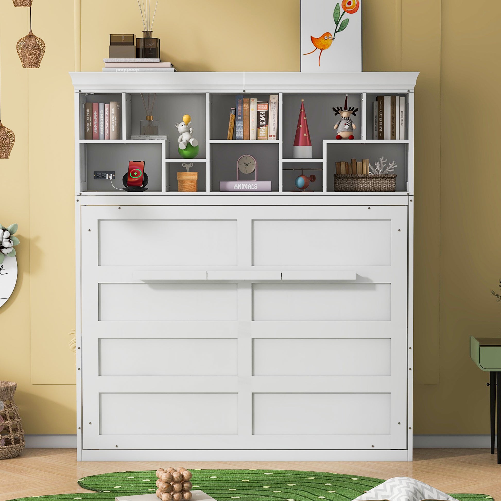 Queen Size Murphy Bed Wall Bed With Top Shelves & Usb,White Queen White Plywood