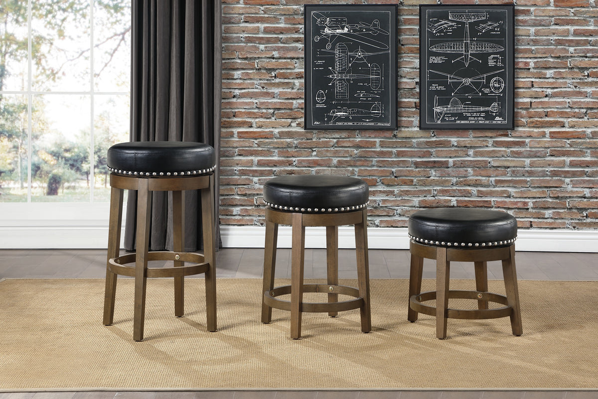 Round Swivel Stool Set Of 2, Black Faux Leather 360 Degree Swivel Seat Trim Solid Wood Frame Brown Finish Transitional Style Furniture Brown Black Dining Room Round Solid Wood
