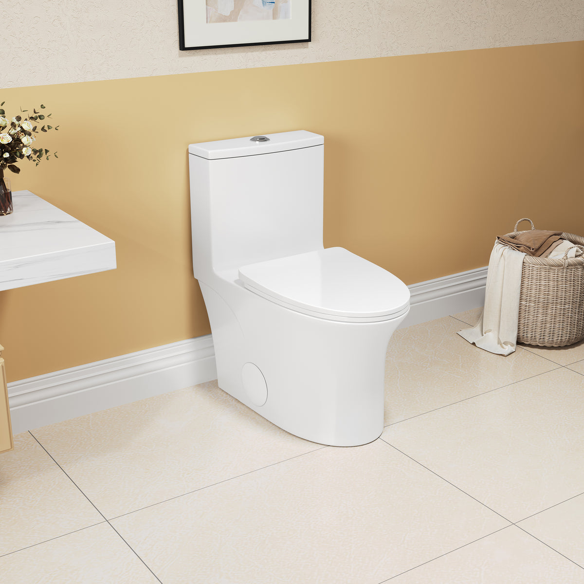 1.1 1.6 Gpf Elongated Comfort Height Floor Mounted One Piece Toilet, Cupc Certified, Watersense Cetified, Ceramic, White Color, Soft Close Seat White Ceramic