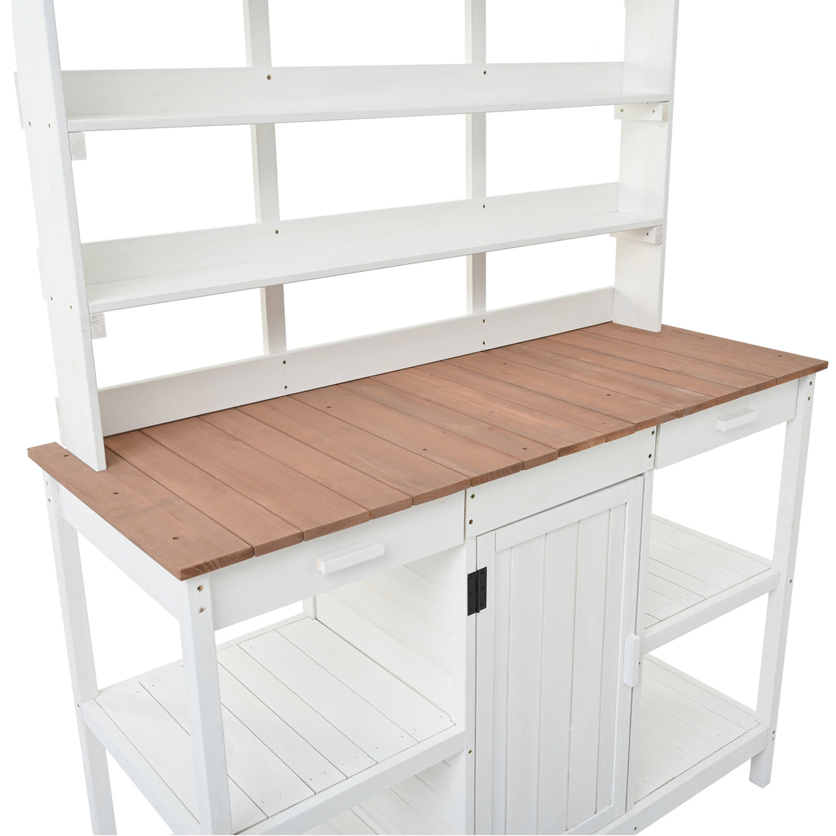 66" Large Outdoor Farmhouse Wooden Potting Bench Table, Garden Workstation With 2 Drawers, Cabinet And Open Shelves For Backyard, Mudroom, White White Garden & Outdoor Casual Wood Solid Wood