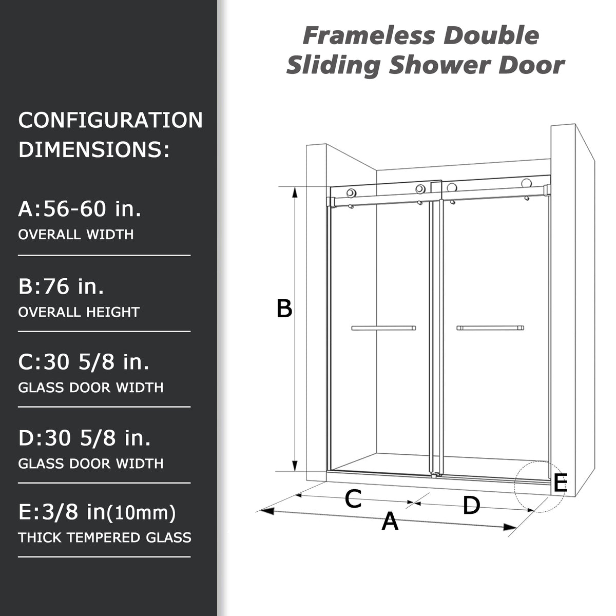 56" 60"W X 76"H Frameless Double Sliding Shower Door, 3 8" 10Mm Clear Tempered Glass, Glass Door For Bathroom, Chrome Finish Chrome Bathroom American Design Glass Metal