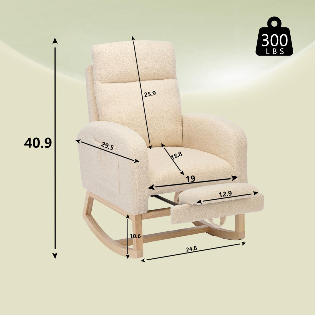 Modern Accent Rocking Chair Rocking Chair With Solid Wood Legs, Upholstered Nursery Glider Rocker, Comfy Armchair With Side Pocket, Living Room Lounge Arm Chair With High Backrest Teddy Beige Rubber