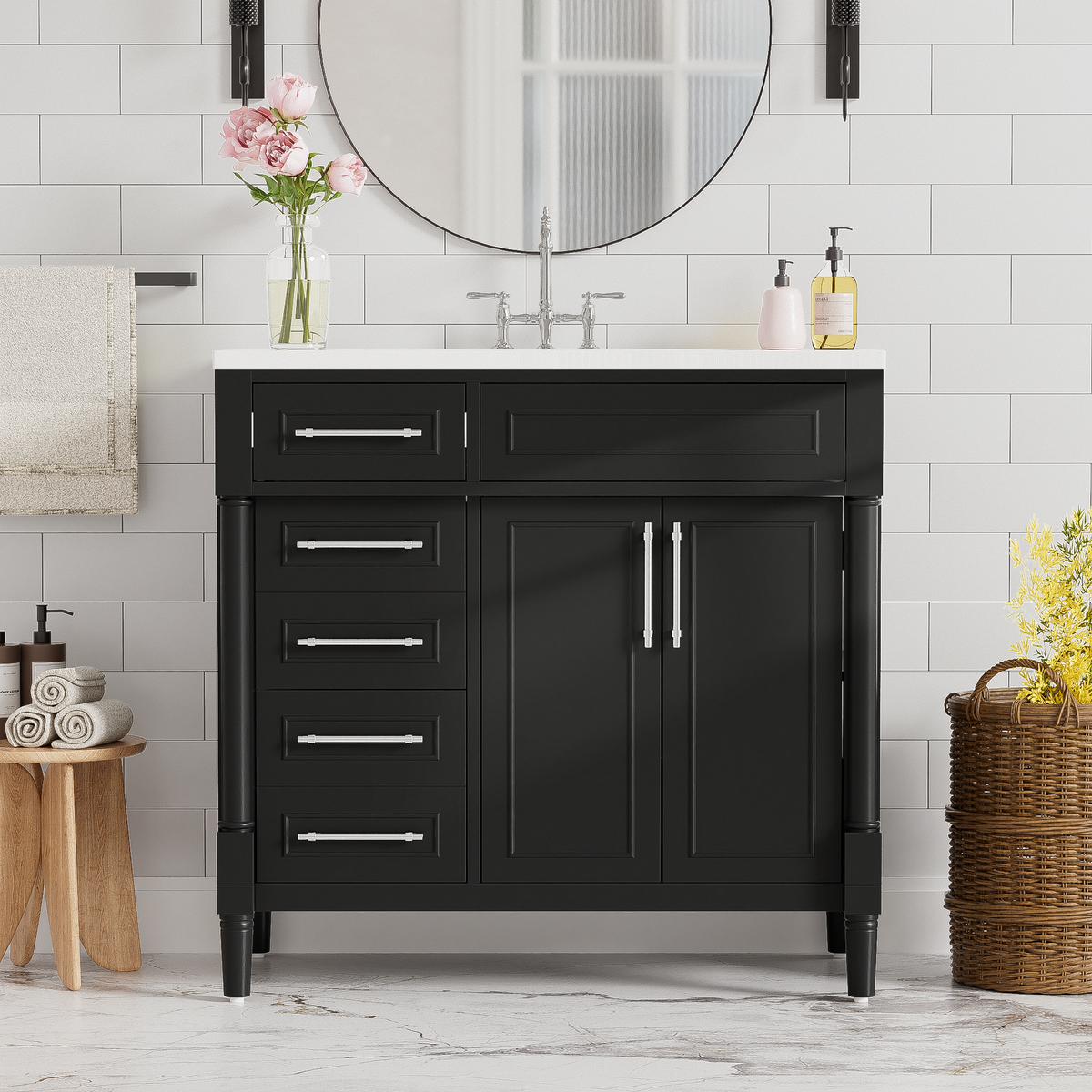 36'' Bathroom Vanity With Top Resin Sink, Freestanding Bathroom Storage Cabinet With 2 Drawers And A Tip Out Drawer, Solid Wood Frame Vanity Set, Height Adjustable Shelf 3 Black 2 2 Adjustable Shelves Bathroom Freestanding Solid Wood Mdf Resin Painted