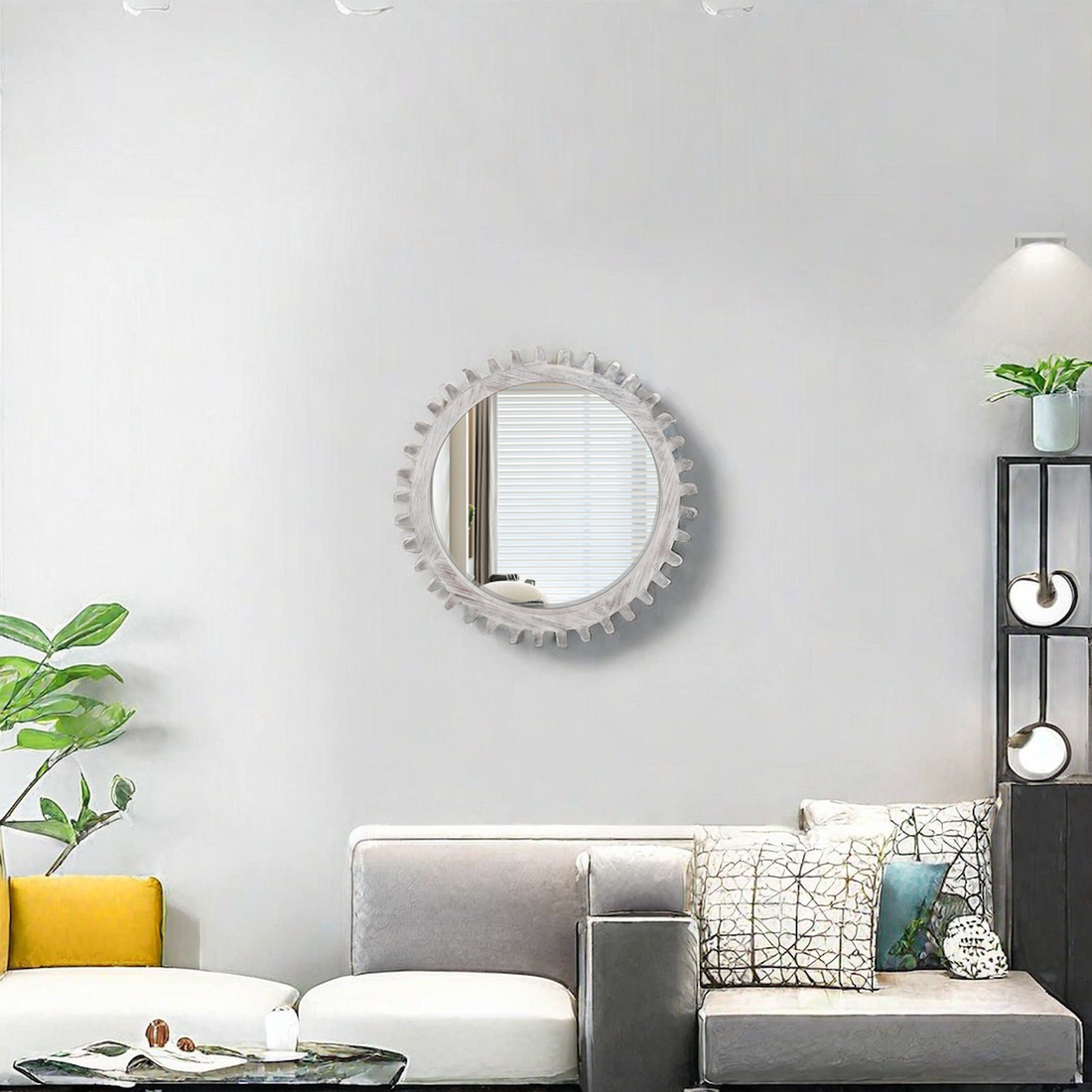 Vintage 17'' X 17'' Wood Round Hanging Gear Shape Decorative Mirror Patchwork Effect With Large Size Mirrors Individually On Art Walls,Sold Individually Antique White Washed White Washed American Design Solid Wood Mdf Mirror