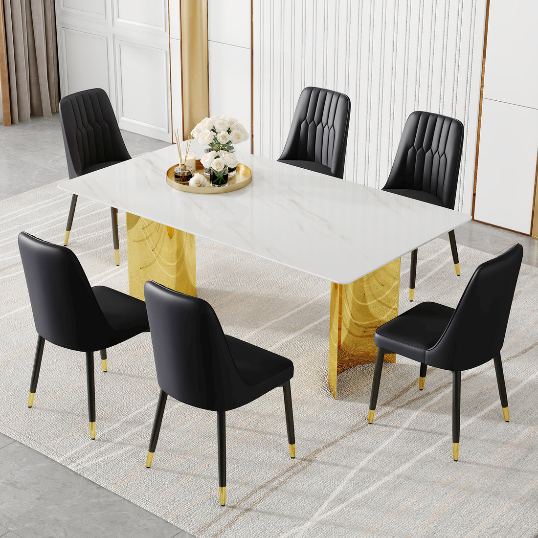 Table And Chair Set.The Table Has A Glass Top With Imitation Marble Pattern Stickers And Stainless Steel Golden Legs. Paried With Chairs With Pu Artificial Leather Backrest Cushions And Black Legs. White Gold Seats 6 Glass Metal
