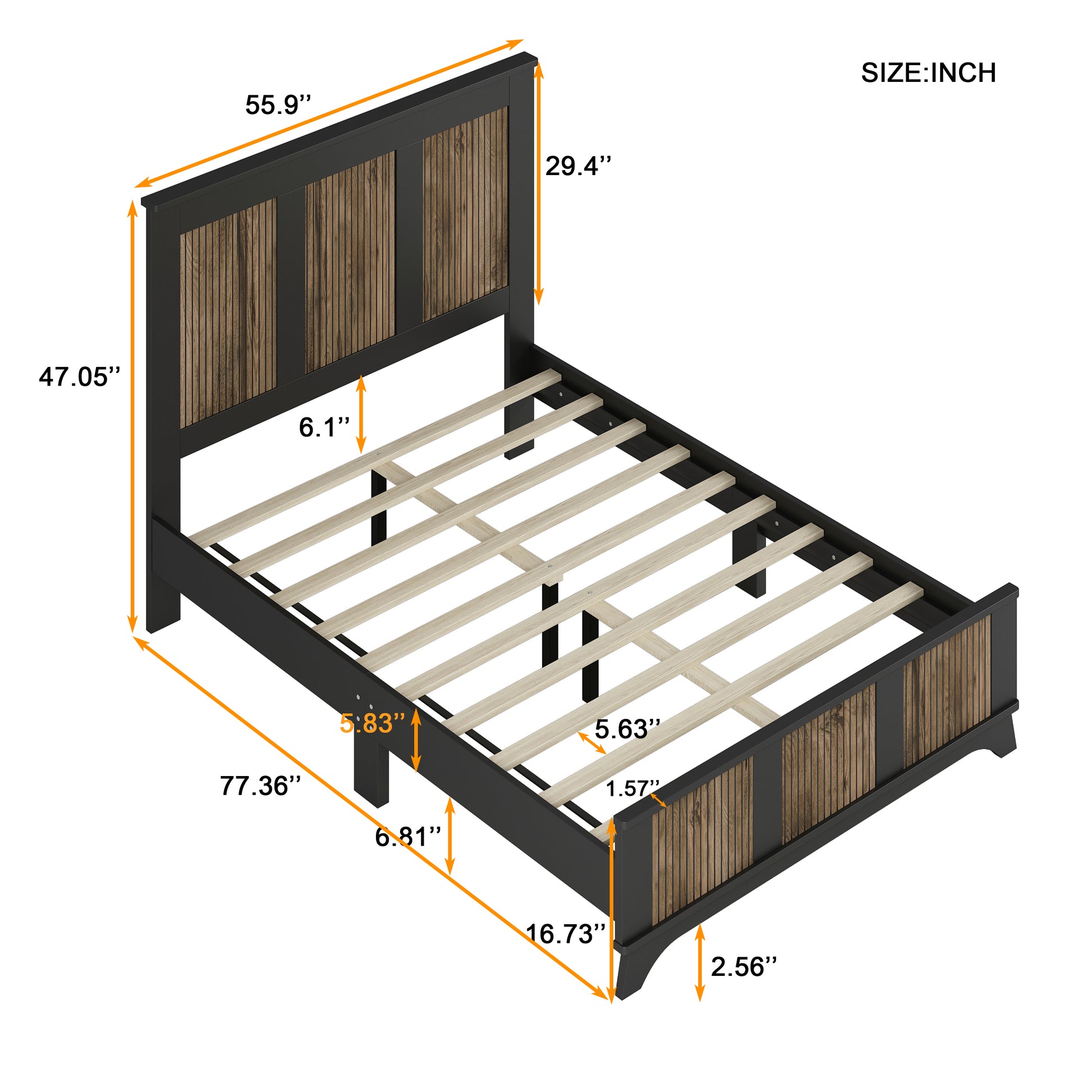 Farmhouse Wooden Platform Full Size Bed, Modern Platform Bed With Wooden Strip Decoration, Plywood Slats Support, Black Full Black Particle Board