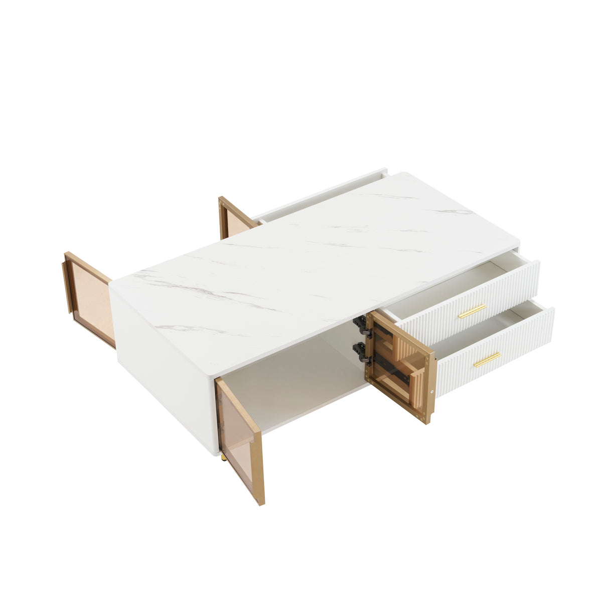 Modern White Coffee Table With 2 Glass Door Storage, 4 Drawers, Gold Metal Legs, And Multi Color Lighting In 47.2'' White Drawers Mdf