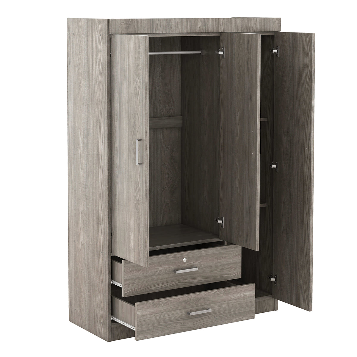 3 Door Mirror Wardrobe With Shelves, Gray Gray Plywood