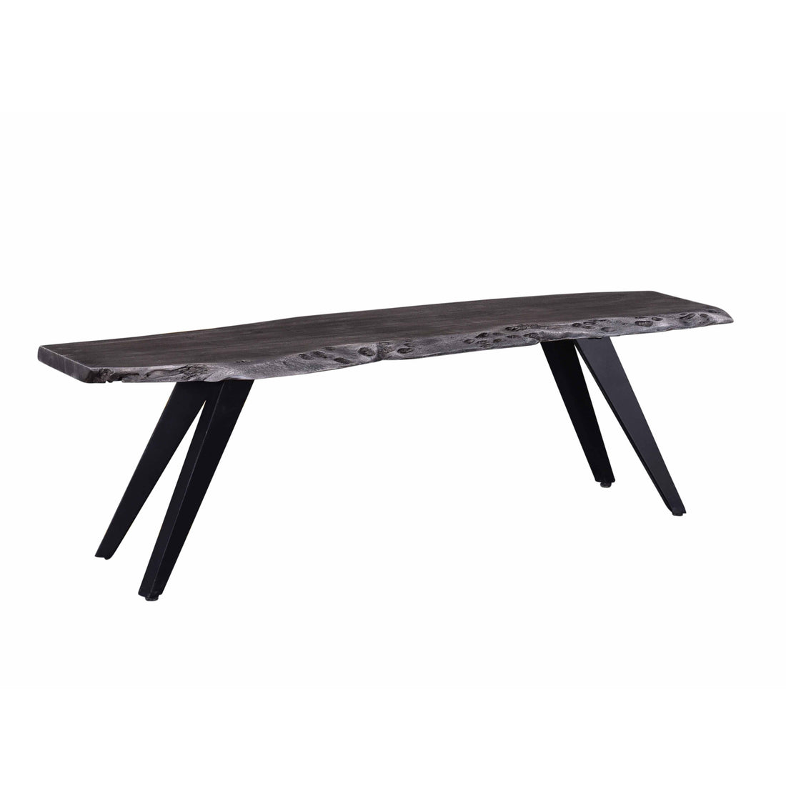 60 Inch Modern Dining Bench, Acacia Wood Table, Live Edge, Iron Legs, Gray, Black Black Gray Gray Dining Room Modern Acacia Iron Acacia Wood