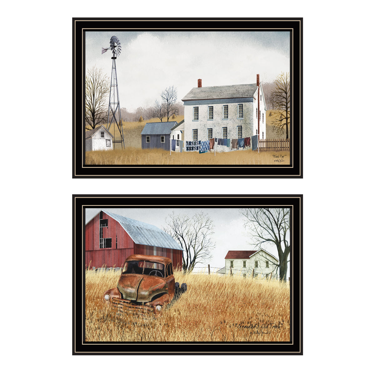 2 Piece Vignette Washday And Granddad'S Old Truck Black Framed Wall Art For Living Room, Bedroom Wall Art Print For Home Decor By Billy Jacobs Multicolor Wood Paper