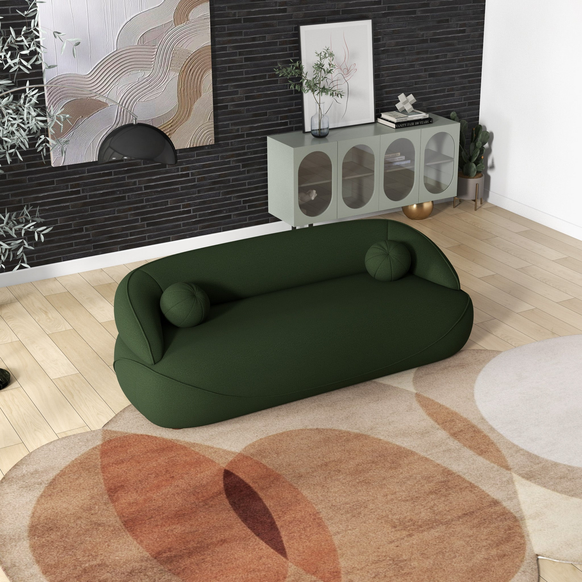 Andrew Dark Green Boucle Sofa Dark Green Wood Primary Living Space Medium Firm Mid Century Modern Foam Boucle,Solid Wood 3 Seat