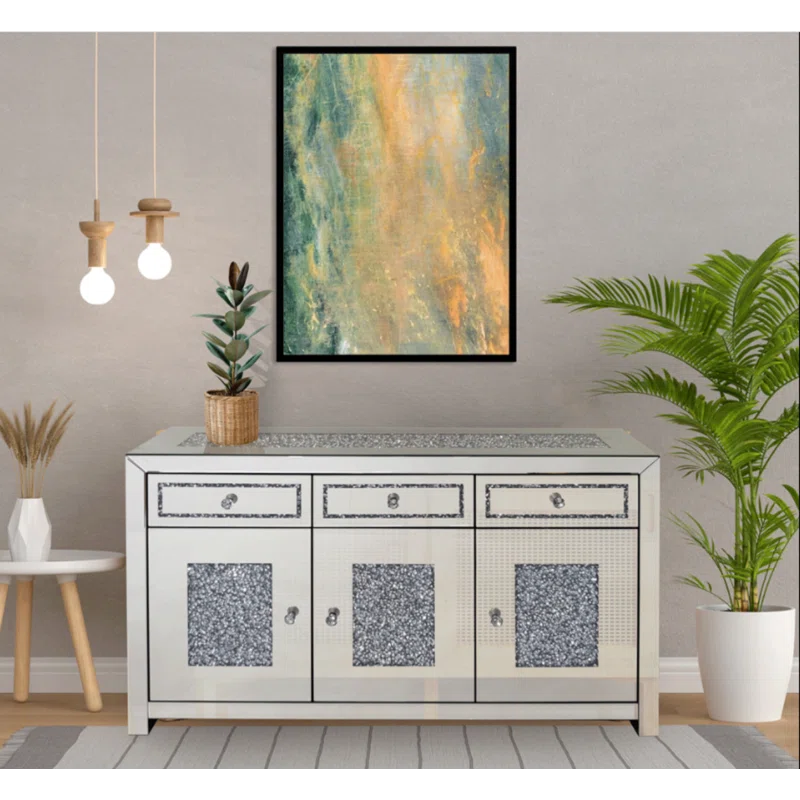 53.15'' Mirrored Glass Sideboard With 3 Drawers 3 Doors Silver Dining Room Luxury,Modern Cabinets Included Mdf Glass,Mirror