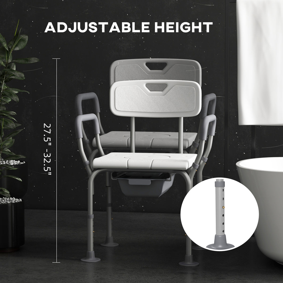 Homcom 3 In 1 Shower Chair With Back And Arms, Height Adjustable Bedside Commode, Raised Toilet Seat With Non Slip Rubber Foot Pad For Seniors, Disabled, White White Aluminum