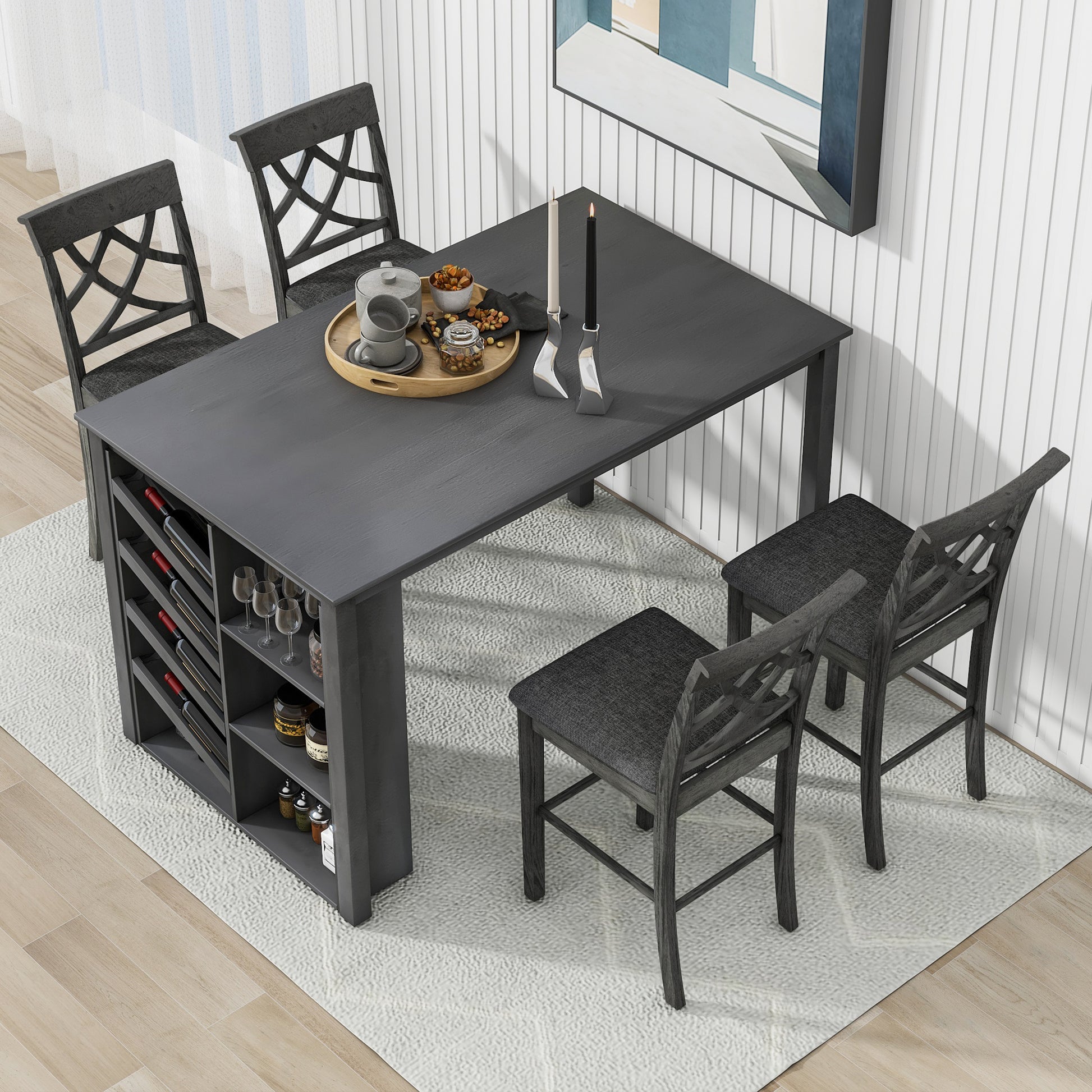 Updated Counter Height 5 Piece Solid Wood Dining Table Set, 59*35.4Inch Table With Curved Wine Rack And 4 Upholstered Chairs, Grey Wood Dining Room Solid Wood Rubberwood Rectangular Dining Table With Chair Wood Wood Grey Solid Back Seats 4 Farmhouse 4