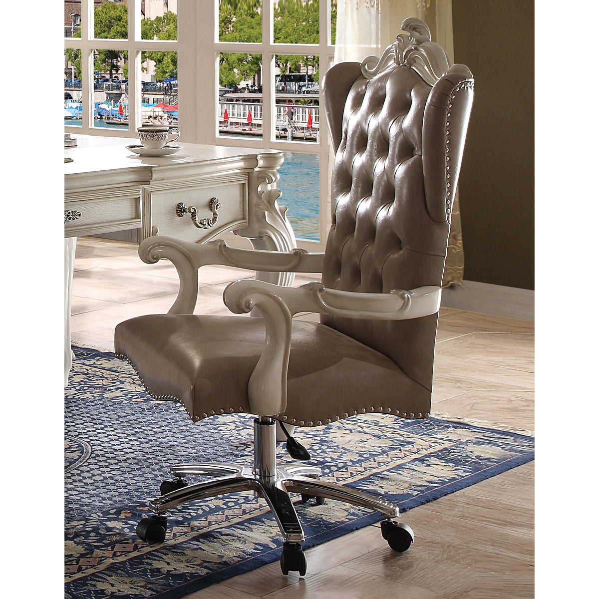 Vintage Grey And Bone White Swivel Chair With Lift Vintage Primary Living Space Vintage Poplar Faux Leather