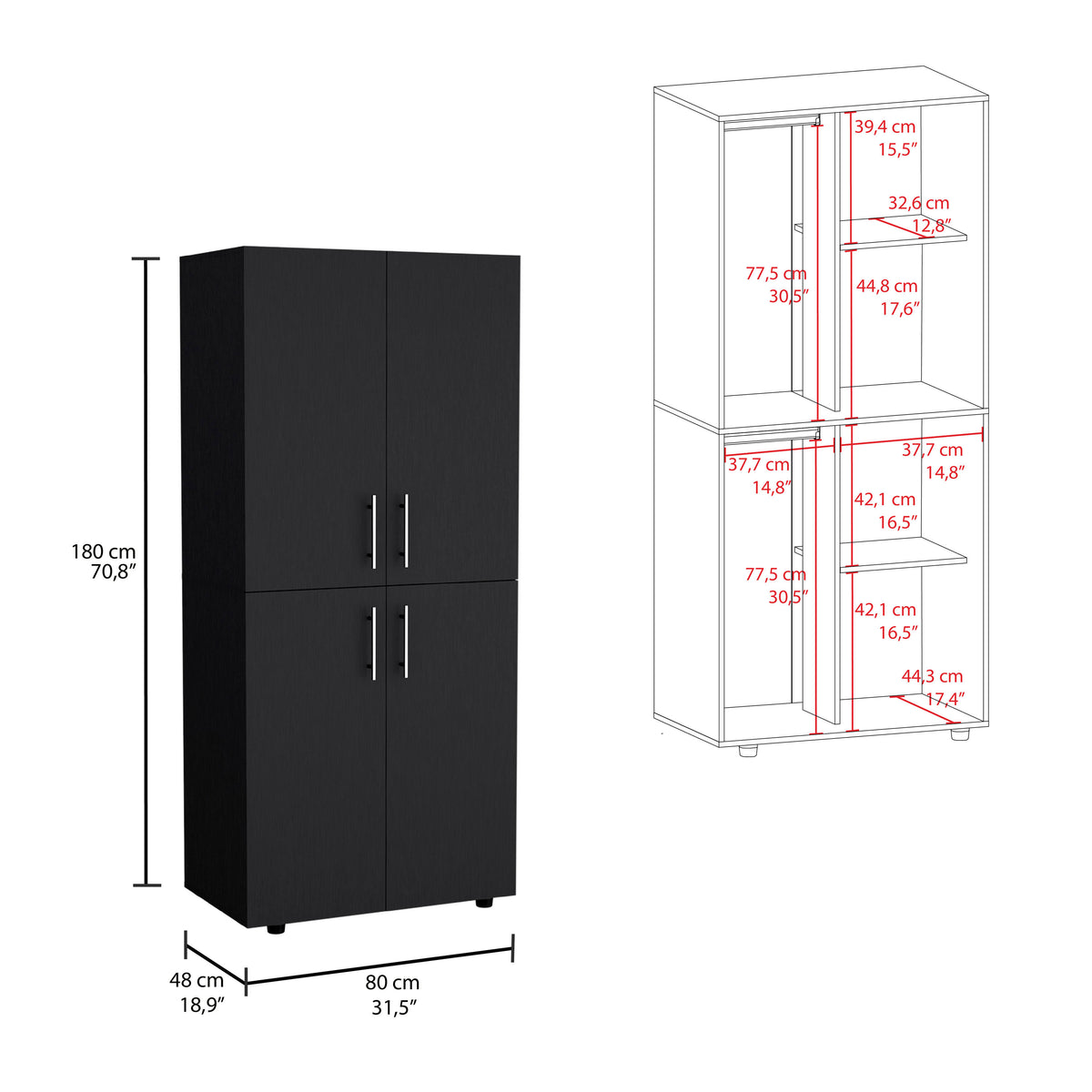 Hazel 70" High Four Door Armoire Wardrove Closet Cabinet, Six Shelves And Two Hanging Rods, Bedroom Clothes Storage Cabinet Organizer Black Black Bedroom Modern Particle Board