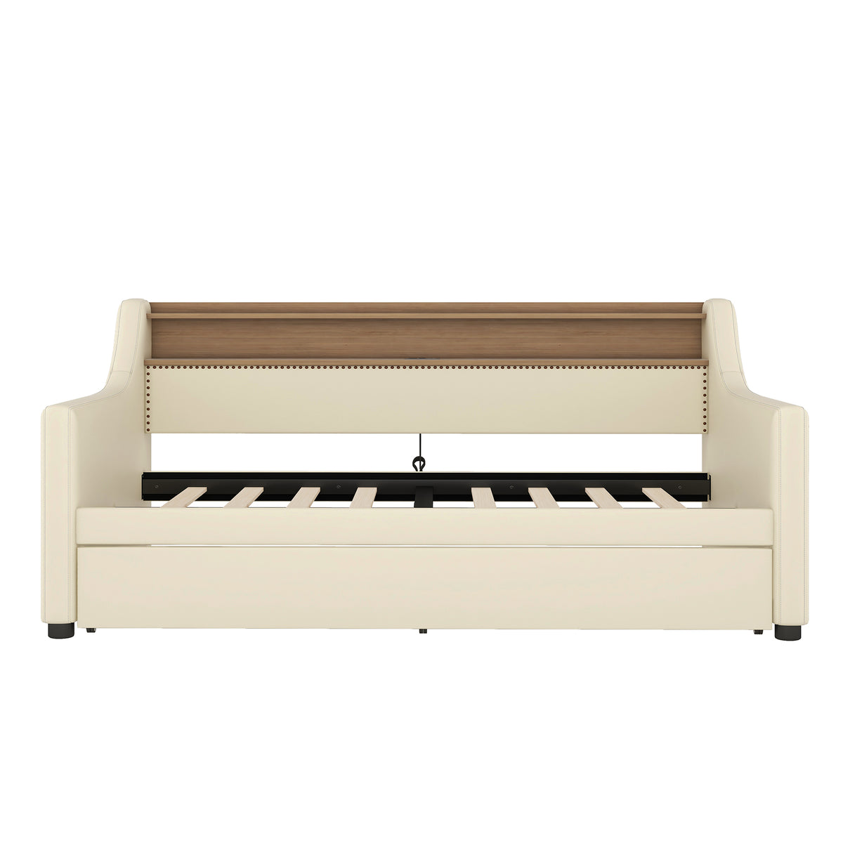 Twin Size Daybed With Trundle, Upholstered Daybed With Charging Station And Led Lights, Beige Expect Arrive Date:May 20Th. Twin Beige Pu Leather