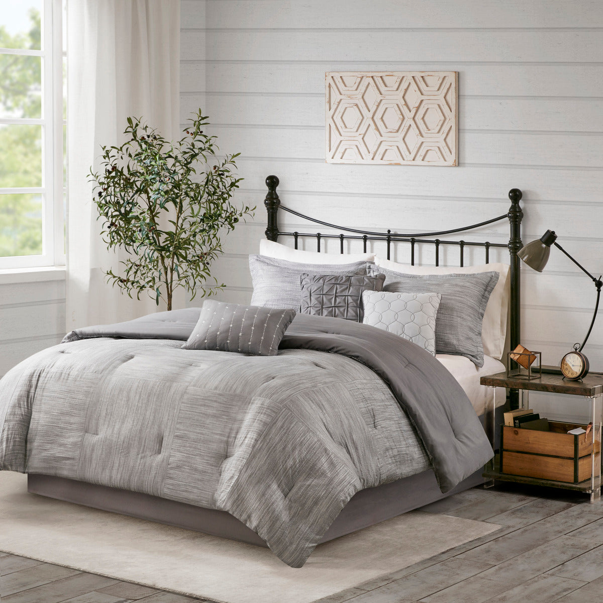 7 Piece Printed Seersucker Comforter Set Grey Queen Queen Grey Polyester