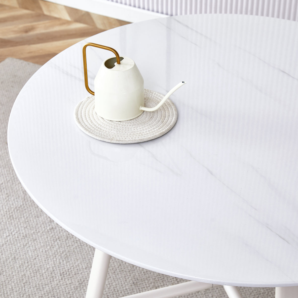 Table And Chair Set, Mdf Desktop, White Metal Table Legs, Stable And Beautiful, Suitable For Most Styles Of Home. Modern Simple Dining Table, Comfortable Seating. White Seats 4 Mdf