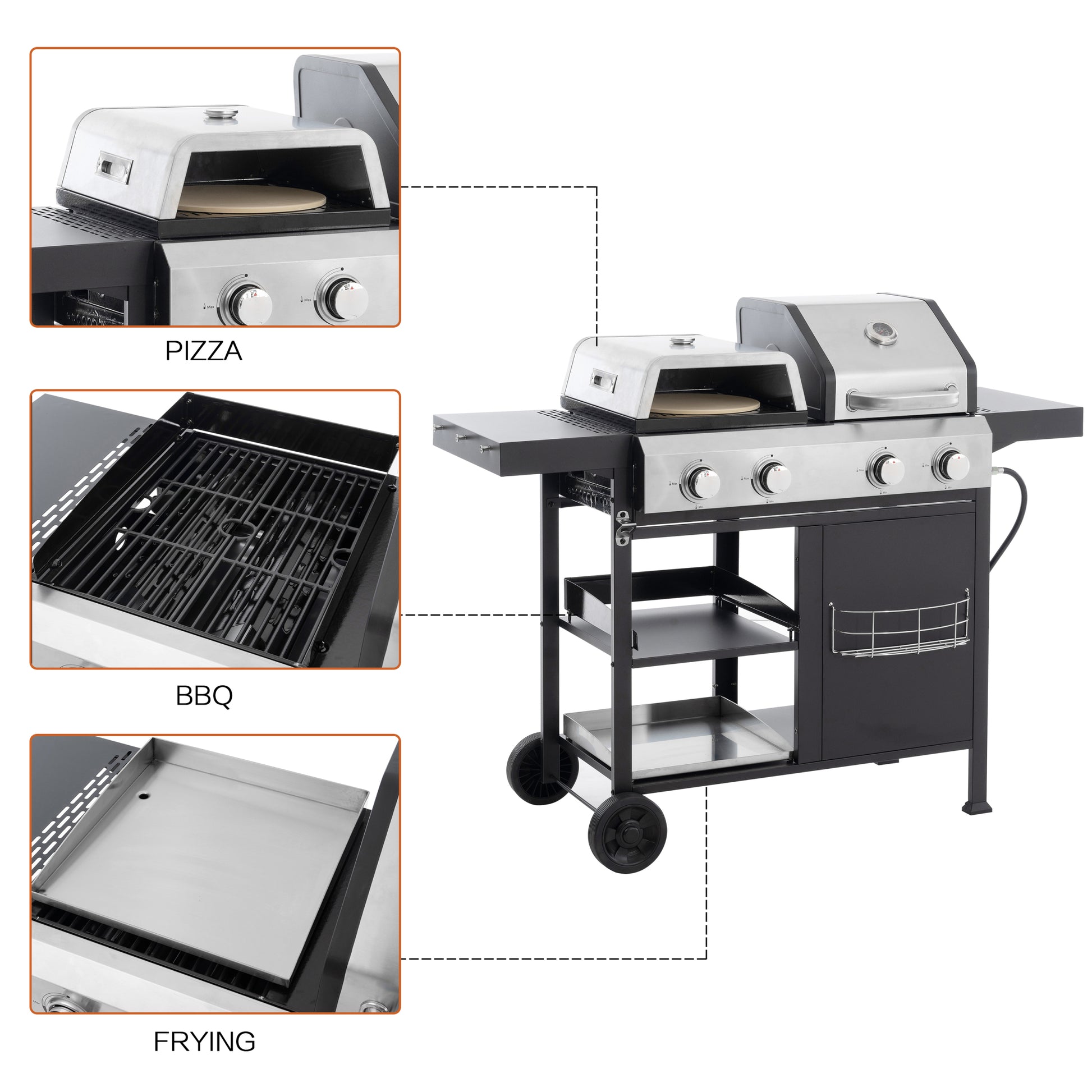 2 2 Multi Function Burner Gas Grill And Griddle Combo With Cover For Outdoor Cooking While Camping Or Tailgating Bbq,Frying,Pizza. Black And Silver Stainless Steel