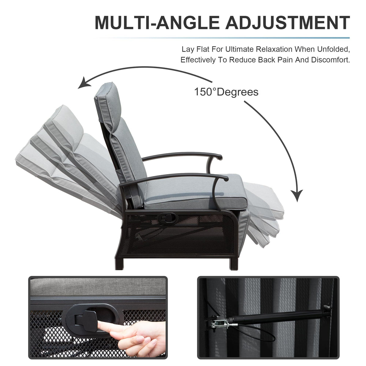 Adjustable Patio Recliner Chair Metal Outdoor Lounge Chair With Flip Table Push Back, Adjustable Angle, 6.8'' Removable Cushions, Support 350Lbs,Gray Yes Gray Garden & Outdoor Metal