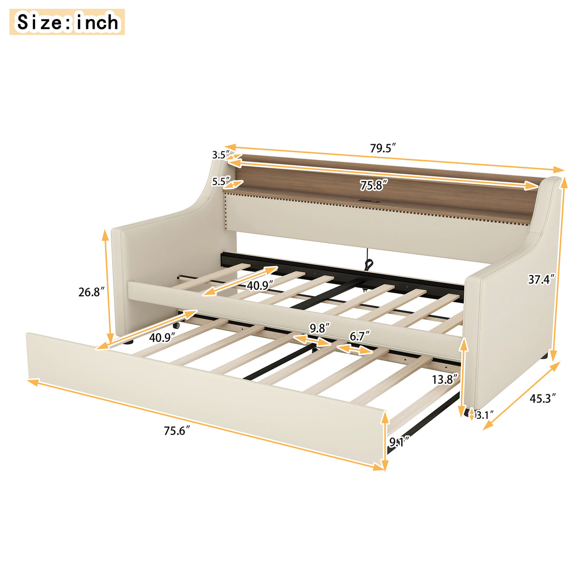 Twin Size Daybed With Trundle, Upholstered Daybed With Charging Station And Led Lights, Beige Expect Arrive Date:May 20Th. Twin Beige Pu Leather